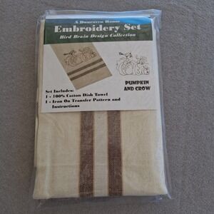 Dunroven House Embroidery Set Bird Brain Design Pumpkin & Crow Cotton Dish Towel